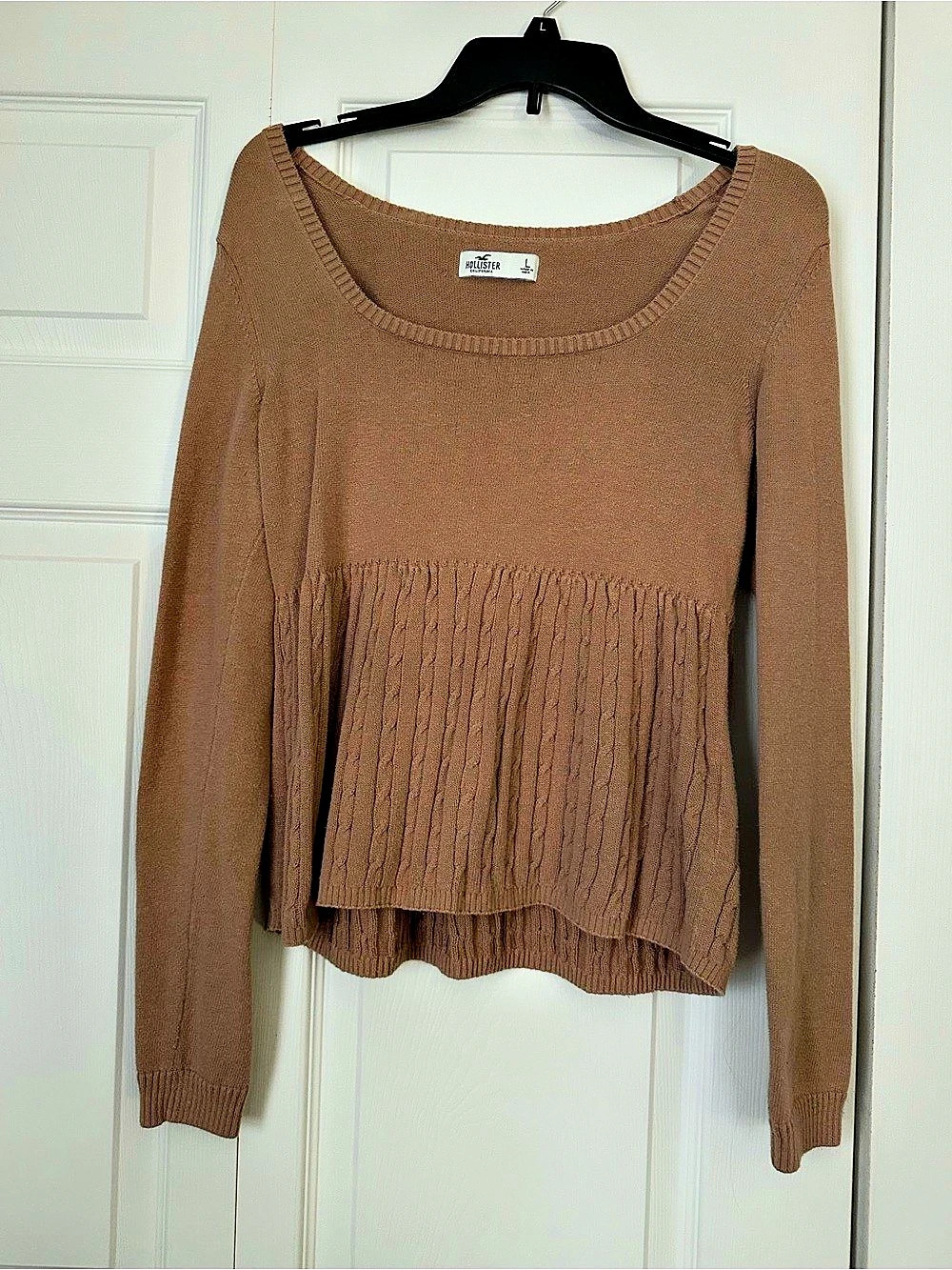 Hollister Camel Brown Square Neck Cable-Knit Peplum Sweater Cable-Knit Peplum